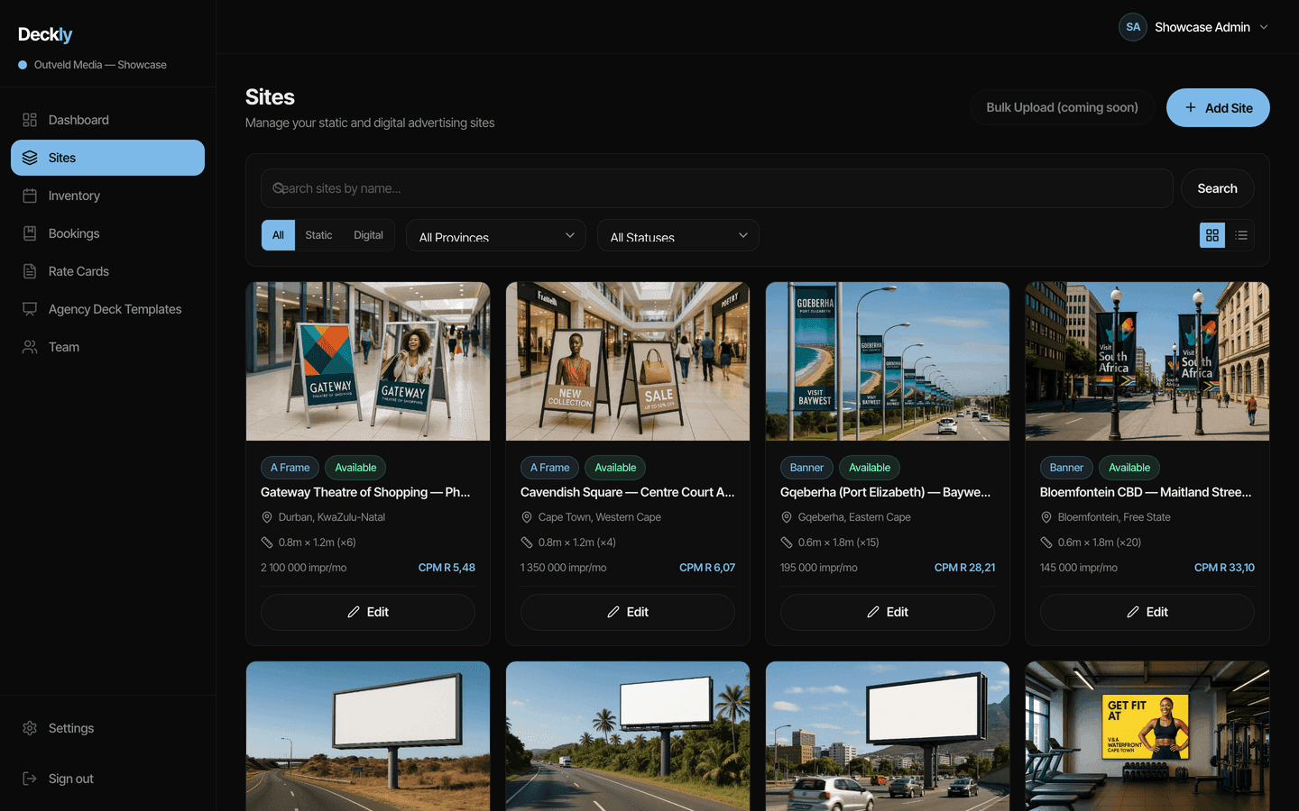 Deckly site inventory grid showing mixed OOH site types across South Africa